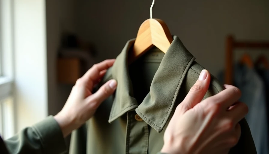 Inspecting shoulder and construction on thrift chore coat