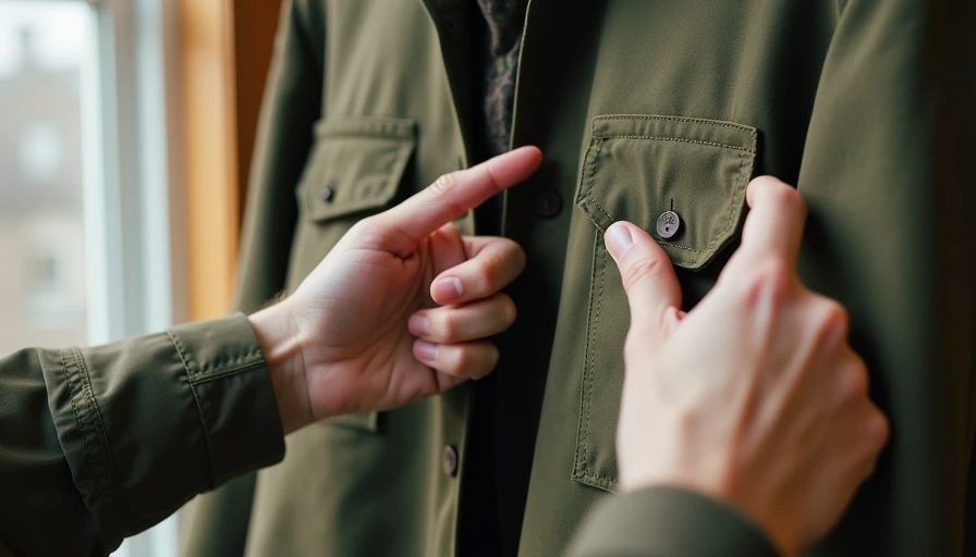 Hands checking construction details on vintage chore coat