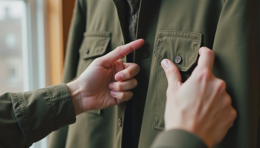 Hands checking construction details on vintage chore coat